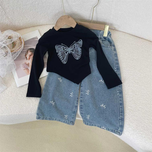 Black Butterfly Top with Embroidered Denim set