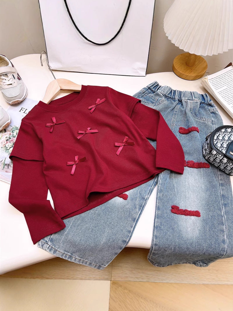 Chic Red Top with Distressed Denim set