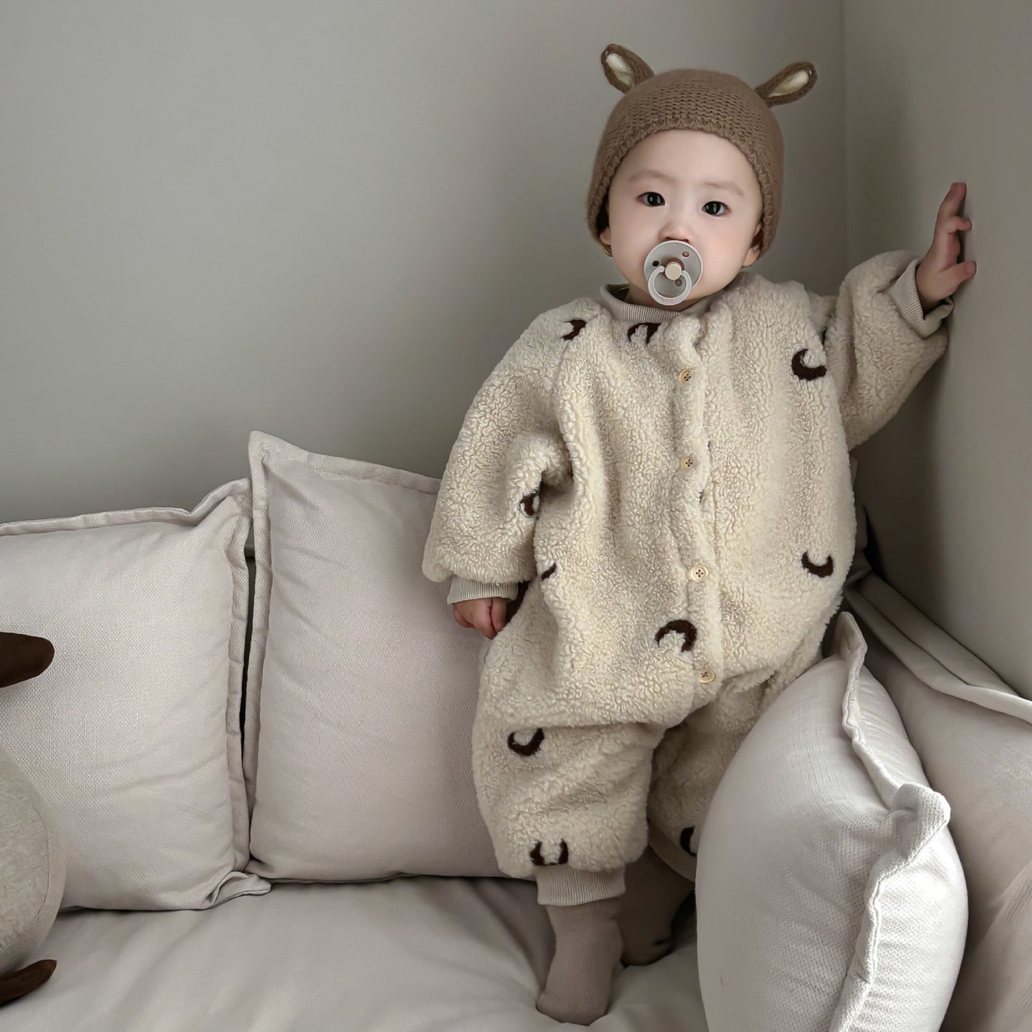 Charming Bear Print Plush Snowsuit