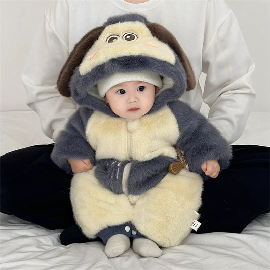 Playful Puppy-Themed Plush Snowsuit