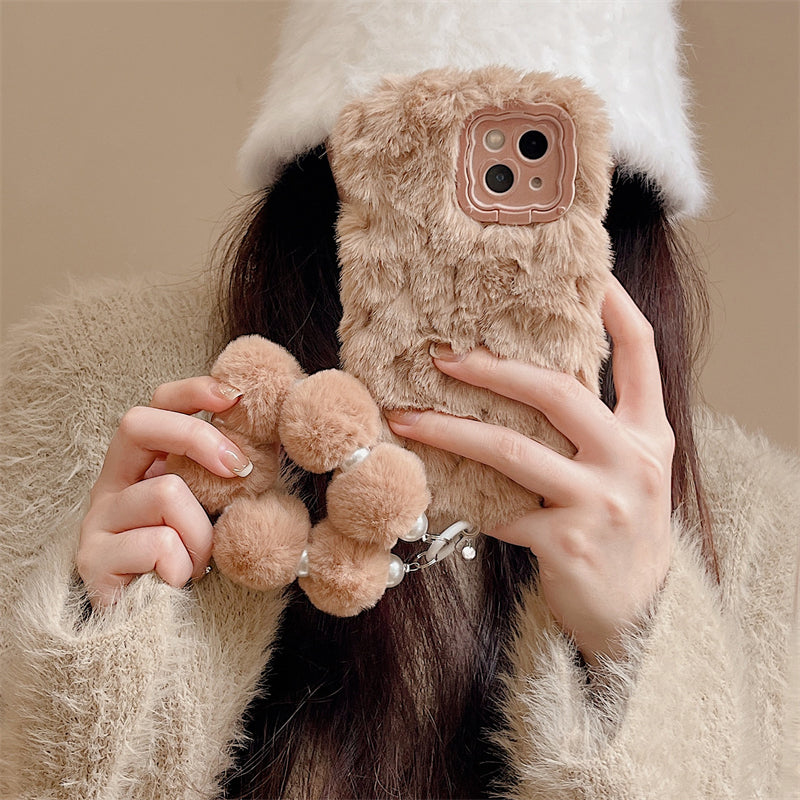 Chic Fur Phone Case with Pom Poms